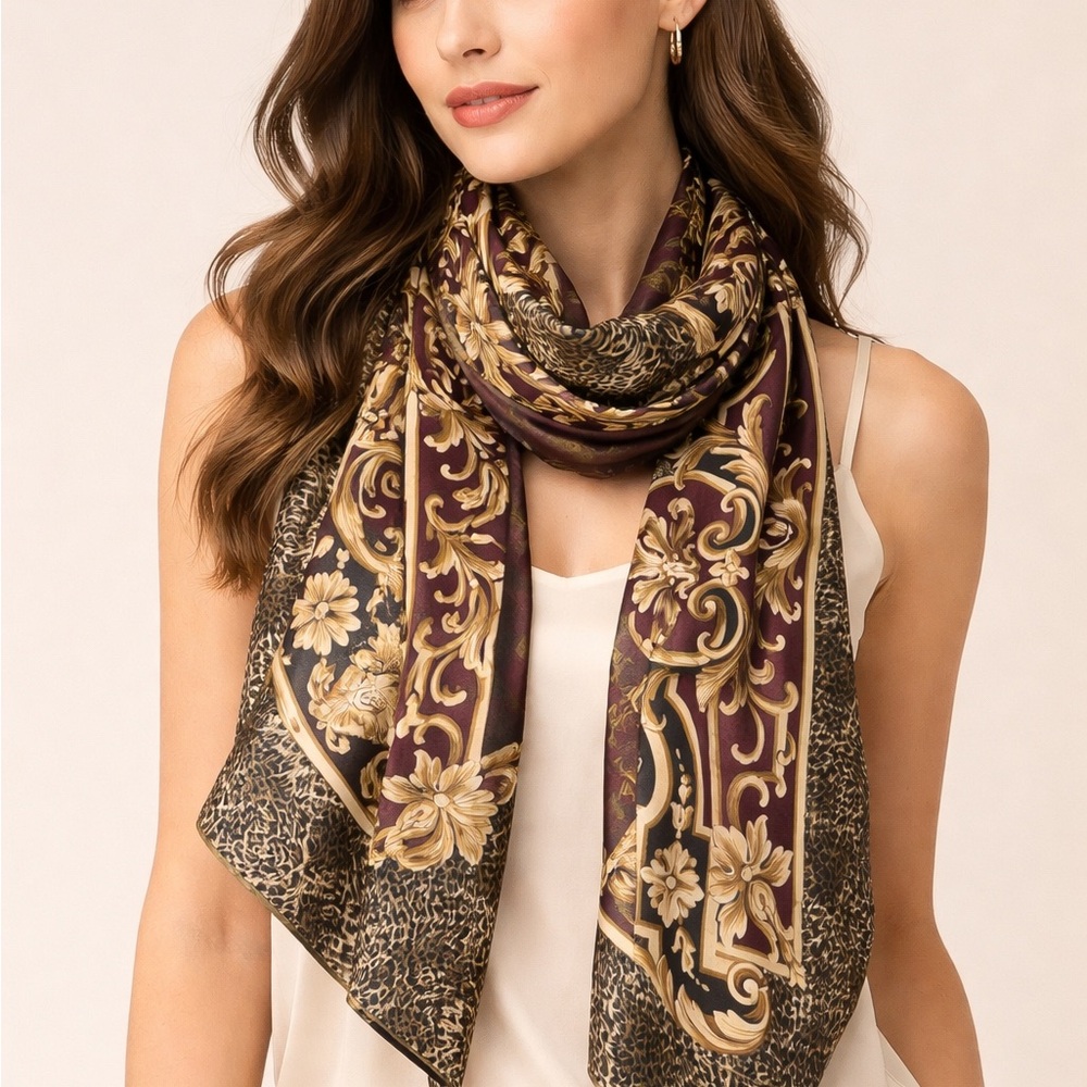 Ellen Tracy 100% Silk Scarf Baroque Leopard Print Burgundy Gold Made in Japan
